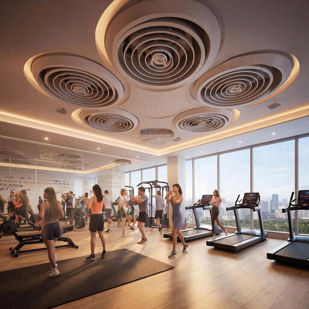 Вид современного фитнес клуба с интегрированной вентиляционной системой, спортсмены на тренировке и техники устанавливающие систему.