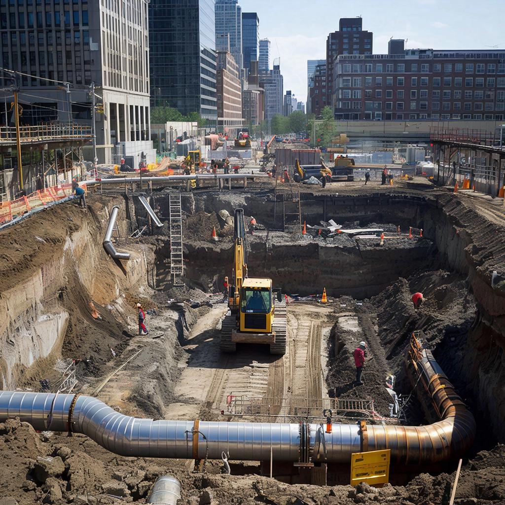 Строительная площадка с раскопанным trench и теплотрассой на стандартной глубине.