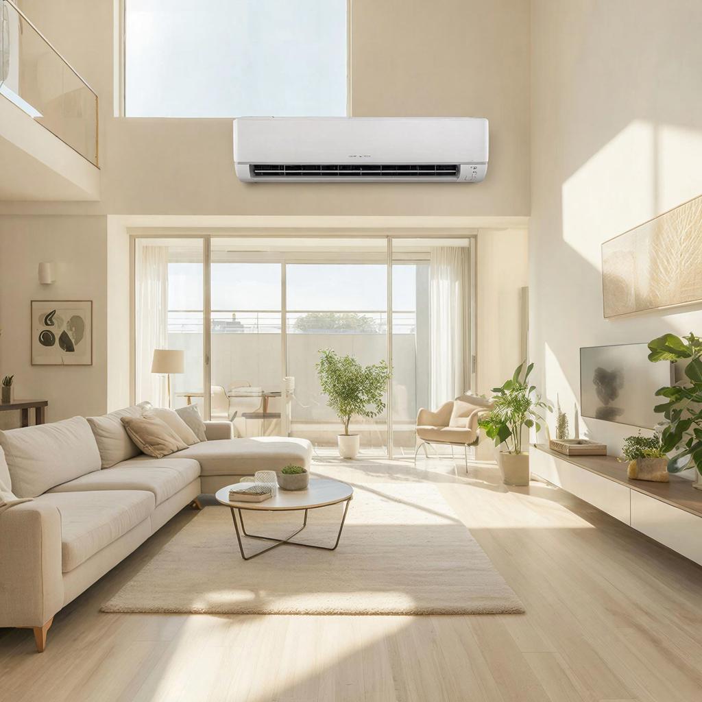 Современный кондиционер в стильной гостиной с ярким светом и уютной атмосферой.