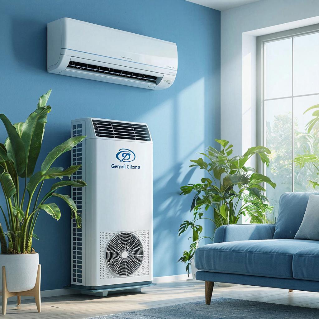 Современная комната с кондиционером General Climate и стильной мебелью.
