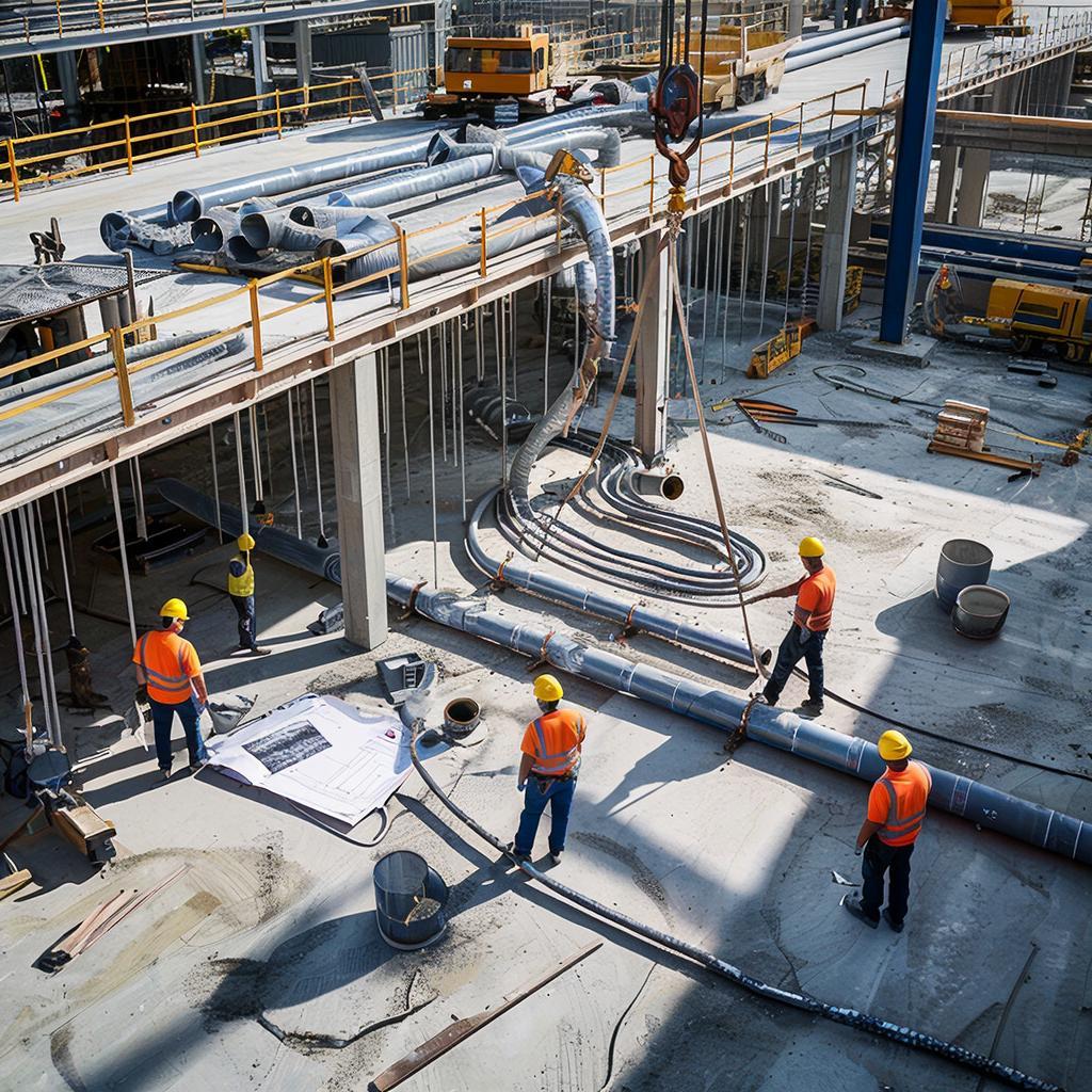 Сцена монтажа гибких трубопроводов с работниками на промышленном объекте.