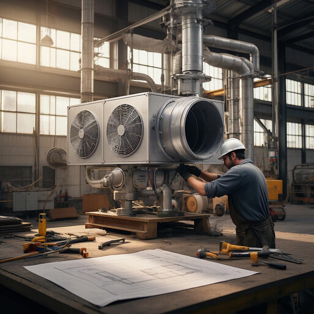 Специалист устанавливает сложную вентиляционную систему в промышленном помещении.